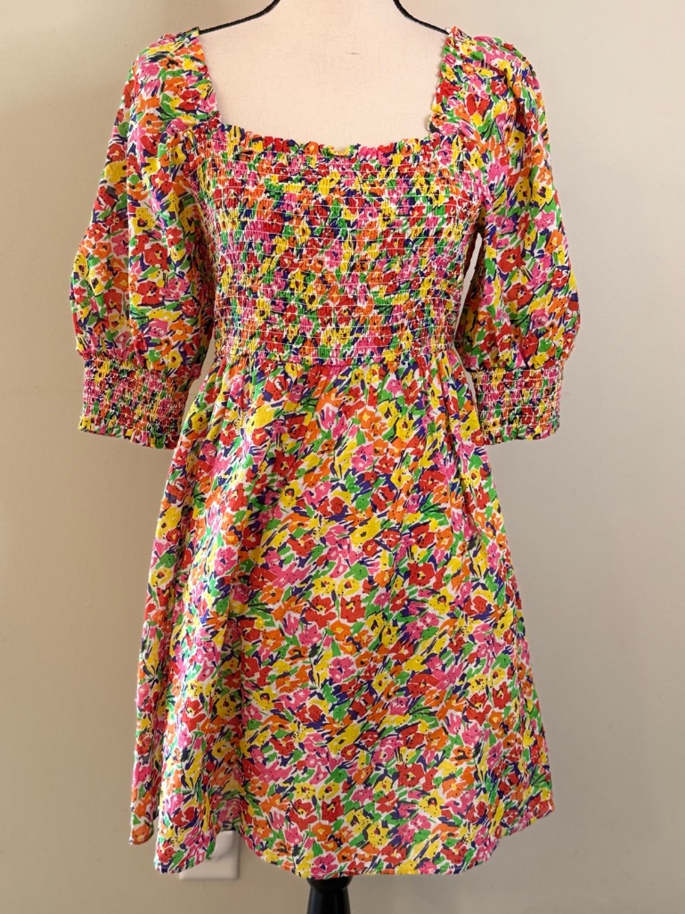 Rixo floral midi dress pockets shabby chic colorful smocked chest SZ XS